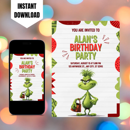 Baby Grinch Birthday Invitation Template CreativeRino