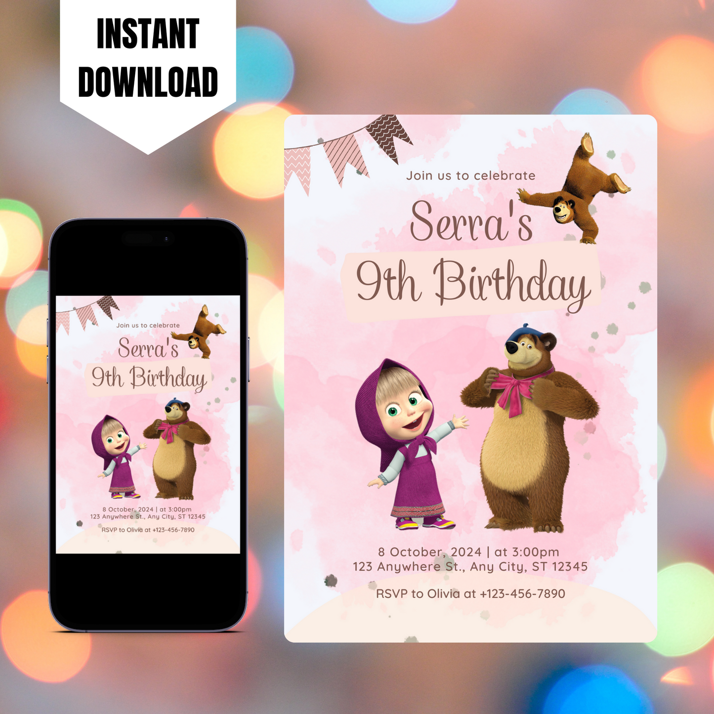 Masha And The Bear Birthday Invitation Template