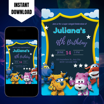 Super Wings Birthday Invitation Template CreativeRino