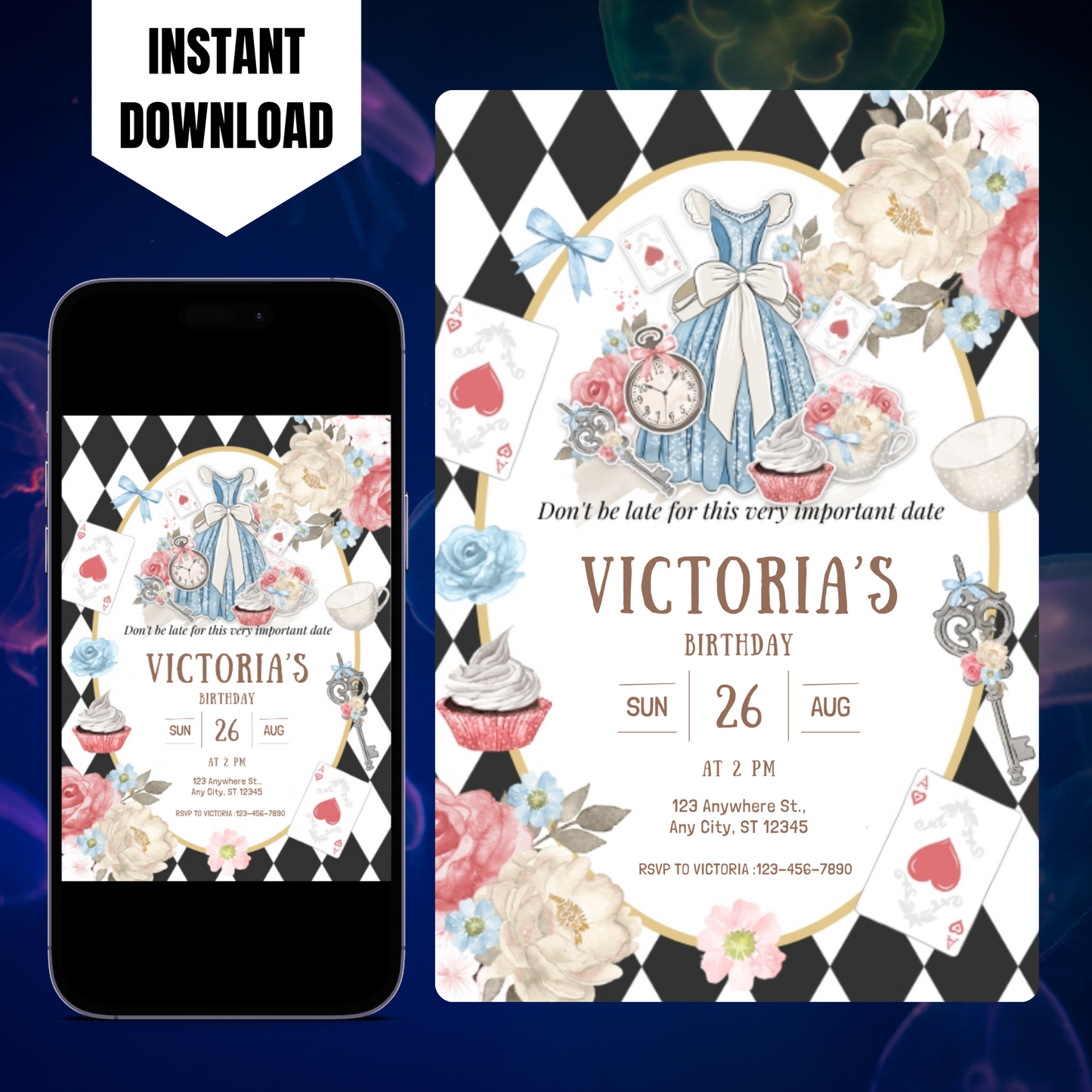 Alice in Wonderland Birthday Invitation Template | Alice in Onederland Invite