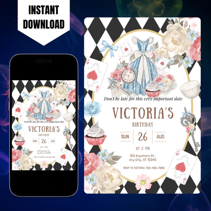 Alice in Wonderland Birthday Invitation Template | Alice in Onederland Invite CreativeRino