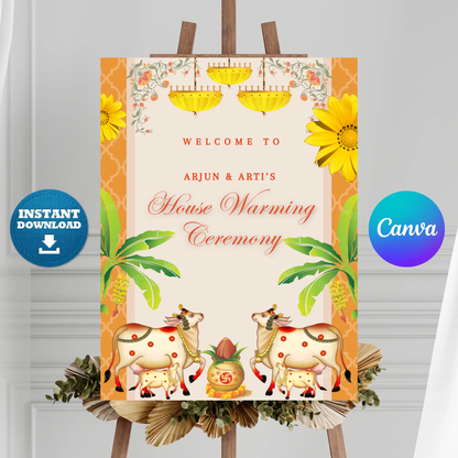 Gruhapravesham Welcome Sign Template | Indian Housewarming Welcome Sign CreativeRino