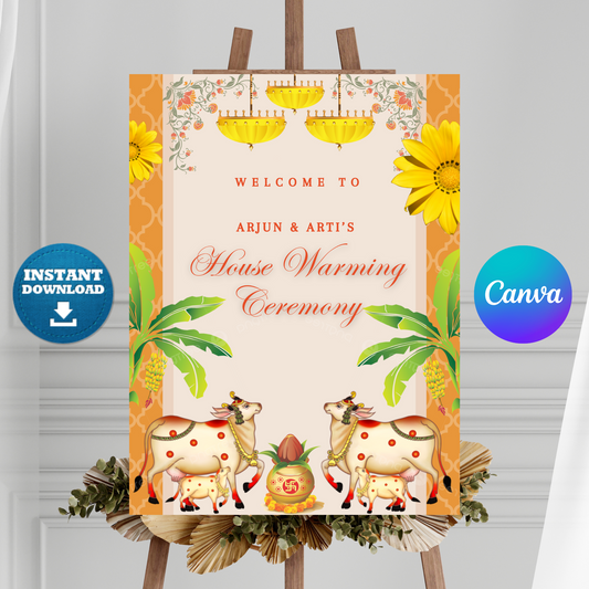 Gruhapravesham Welcome Sign Template | Indian Housewarming Welcome Sign