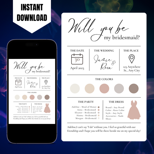 Bridesmaid Information Card Template | Bridal Proposal Car