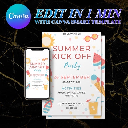 Summer Kick Off Party Invite | End of Summer Party Invitation Canva Template CreativeRino
