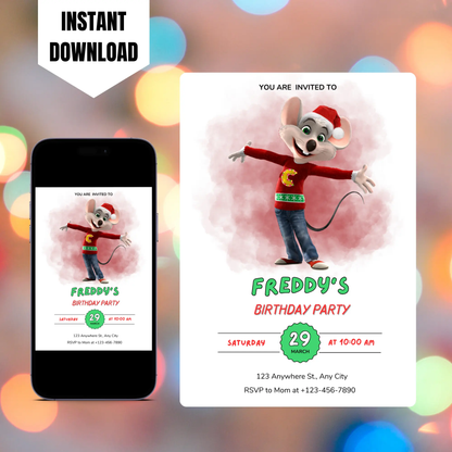 Chuck E Cheese Mouse Christmas Birthday Invitation Template CreativeRino