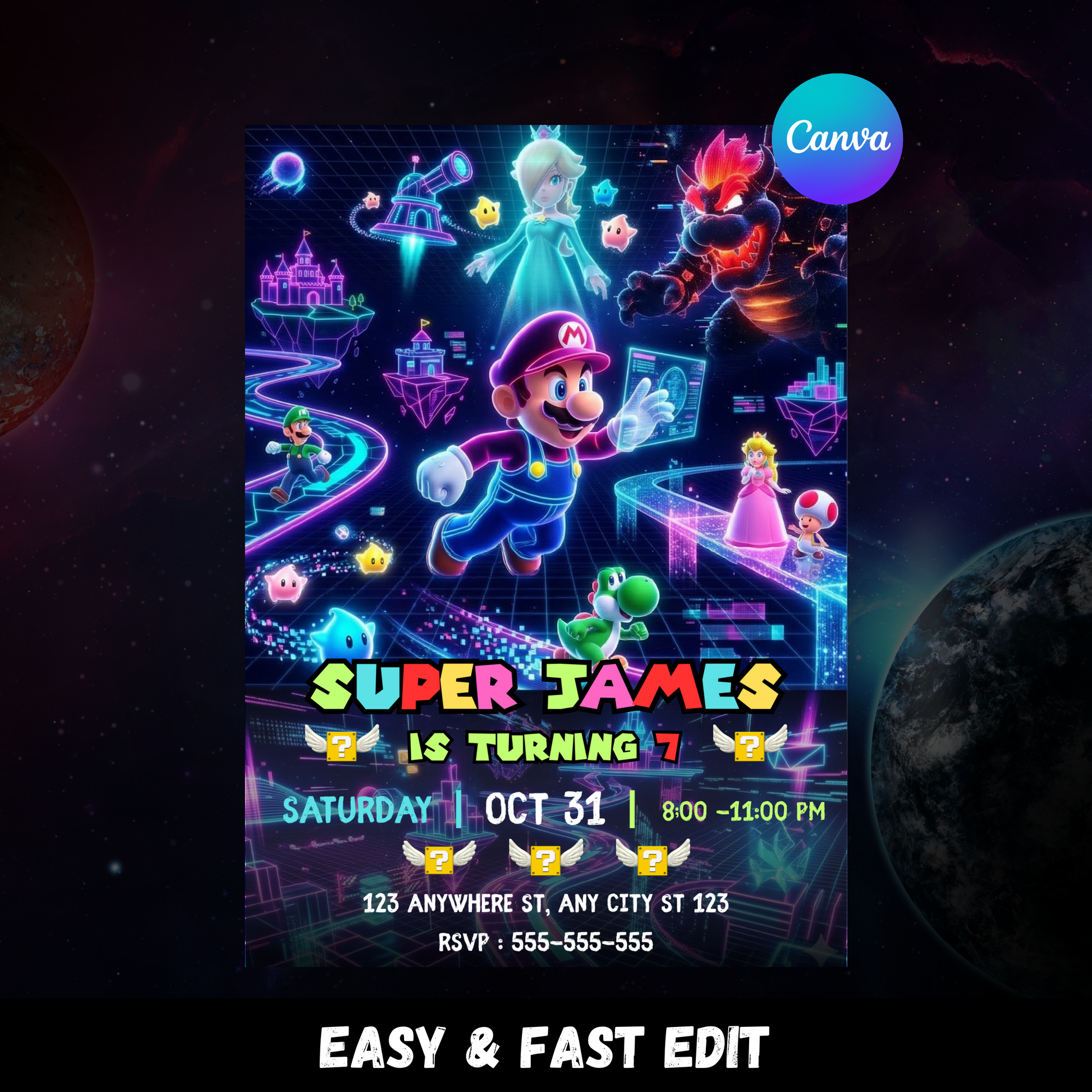 Mario Galaxy Birthday Invitation, Editable Gamer Theme Outer Space Party Digital Canva Template CreativeRino