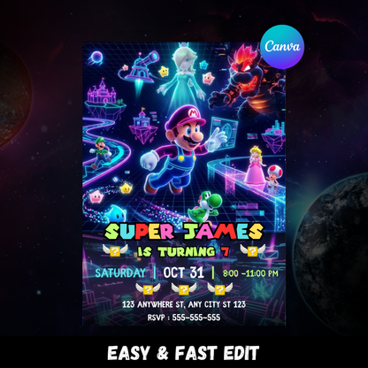 Mario Galaxy Birthday Invitation, Editable Gamer Theme Outer Space Party Digital Canva Template CreativeRino