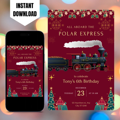 Christmas Polar Express Train Birthday Invitation Template CreativeRino