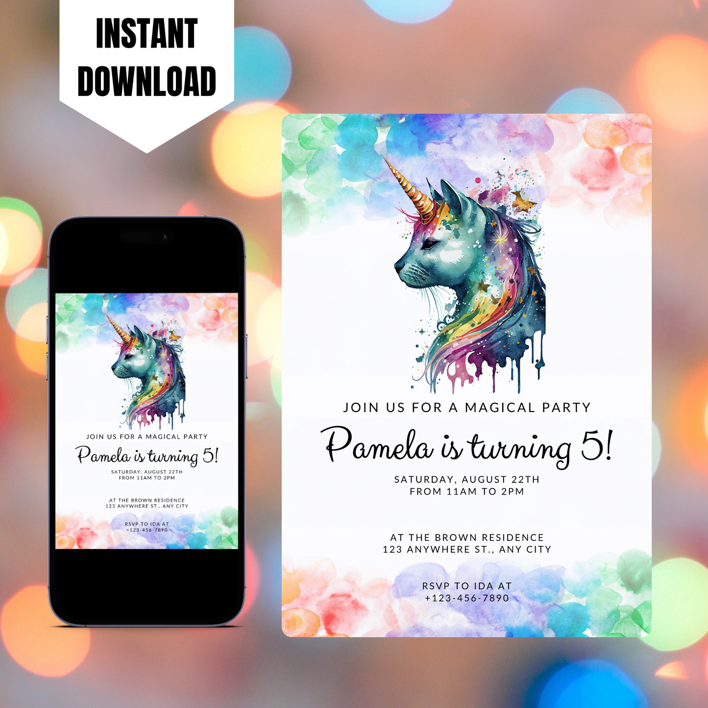 Caticorn Unicorn Birthday Invitation Template