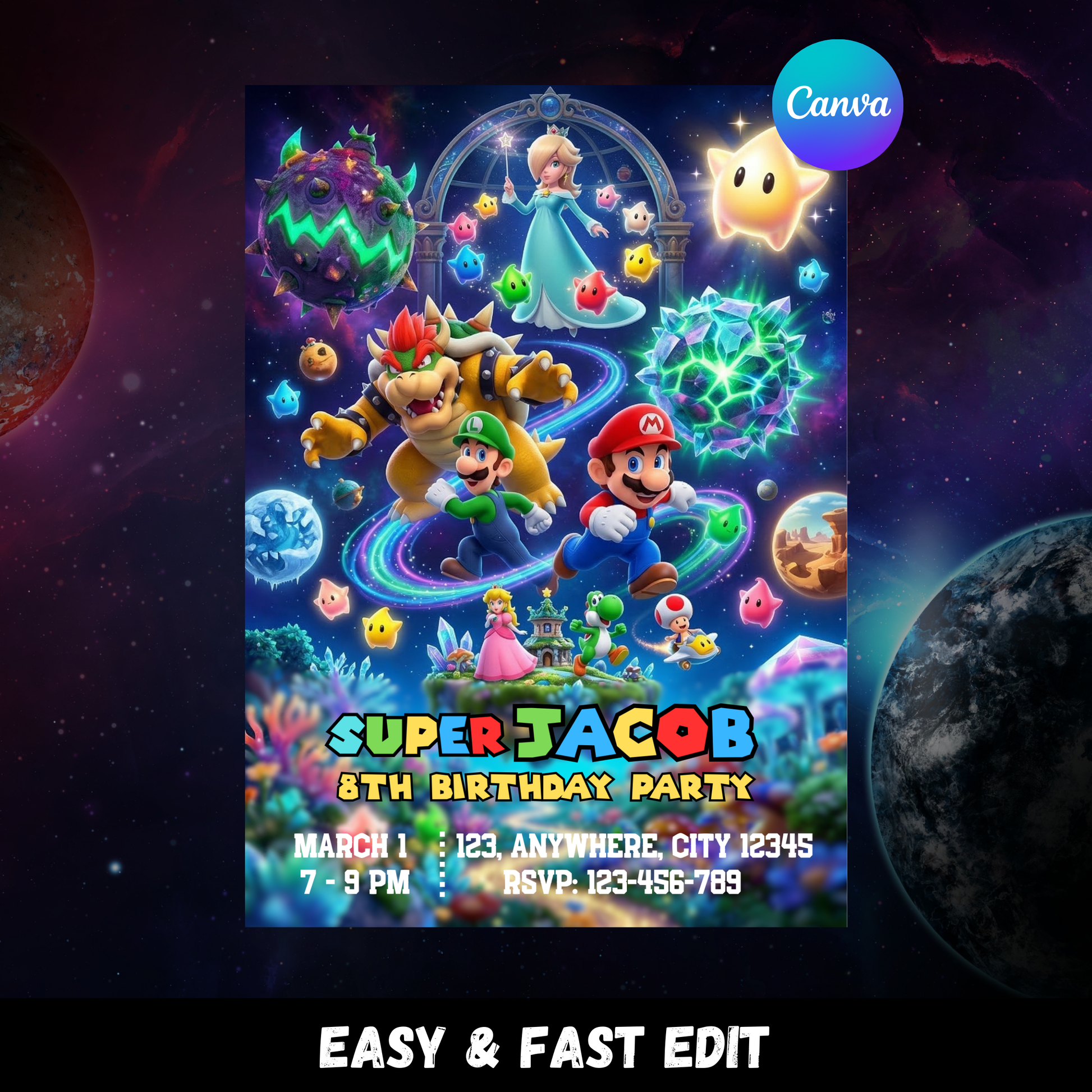 Super Mario Galaxy Kids Birthday Invitation | Mario Space Party Invite | Editable Printable Mario Birthday Invitation CreativeRino