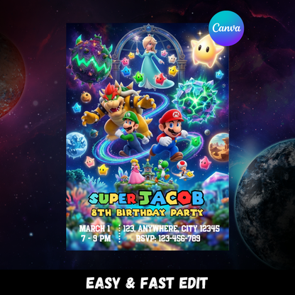 Super Mario Galaxy Kids Birthday Invitation | Mario Space Party Invite | Editable Printable Mario Birthday Invitation CreativeRino