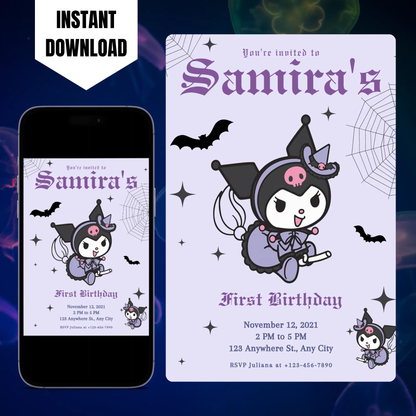 Sanrios Kuromi Kawaii Kitty Birthday Invitation Template CreativeRino