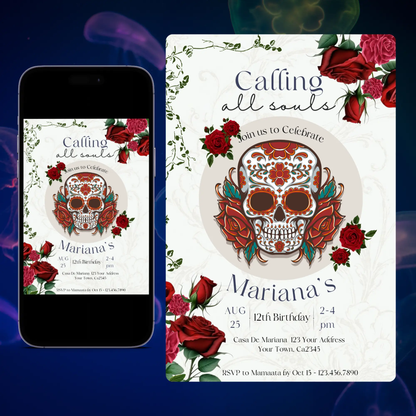 Day of the Dead Birthday Invitation Template | Calling all Souls Sugar Skull Invite CreativeRino