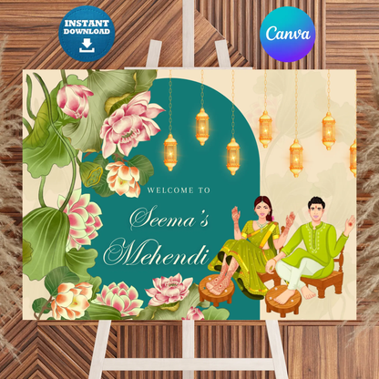 Mehndi Sign Template | Indian Wedding Welcome Sign CreativeRino