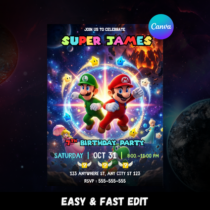 Luigi Super Mario Galaxy Birthday Invitation, Luigi Birthday Invite, Editable Outer Space Party Invite Canva Template CreativeRino