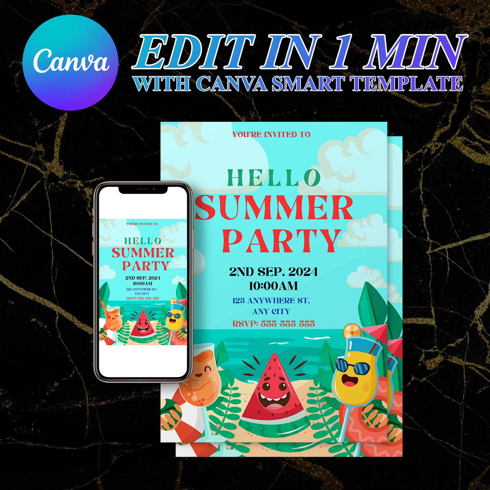 Hello Summer Party Invitation Canva Template | Hello Summer Theme Invite CreativeRino