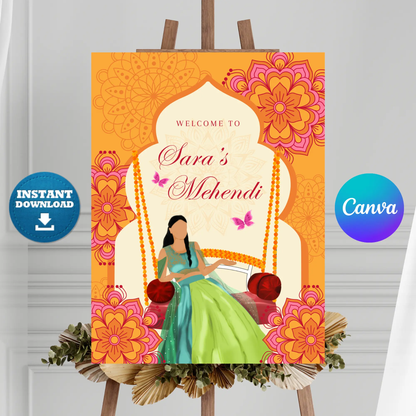 Mehndi Sign Template | Indian Wedding Welcome Sign CreativeRino