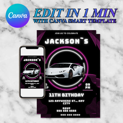 Lamborghini Sport Race Car Birthday Invitation Template - CreativeRino