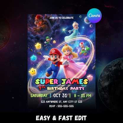 Editable Princess Peach Birthday Invitation, Mario Galaxy Birthday Invite, Outer Space Party Canva Template CreativeRino