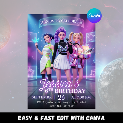 Demon Hunters Kpop Birthday Invitation – Editable Instant Download CreativeRino