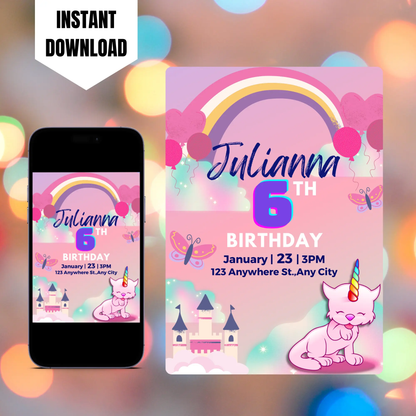 Caticorn Birthday Invitation Template CreativeRino