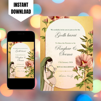 Godh Bharai Invite Template | Indian Baby Shower Invitation CreativeRino