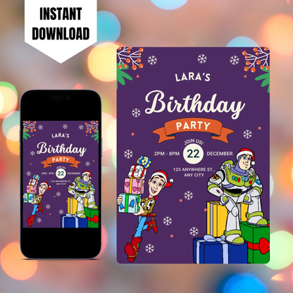 Buzz Lightyear and Woody Christmas Birthday Invitation Template | Toy Story Invite CreativeRino