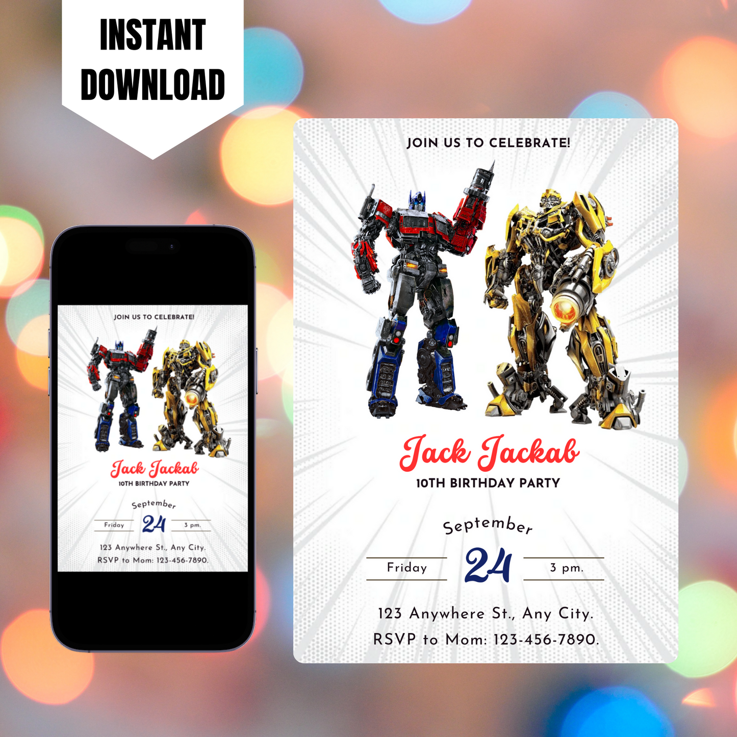 Transformers Optimus Prime Bumblebee Birthday Invitation Template