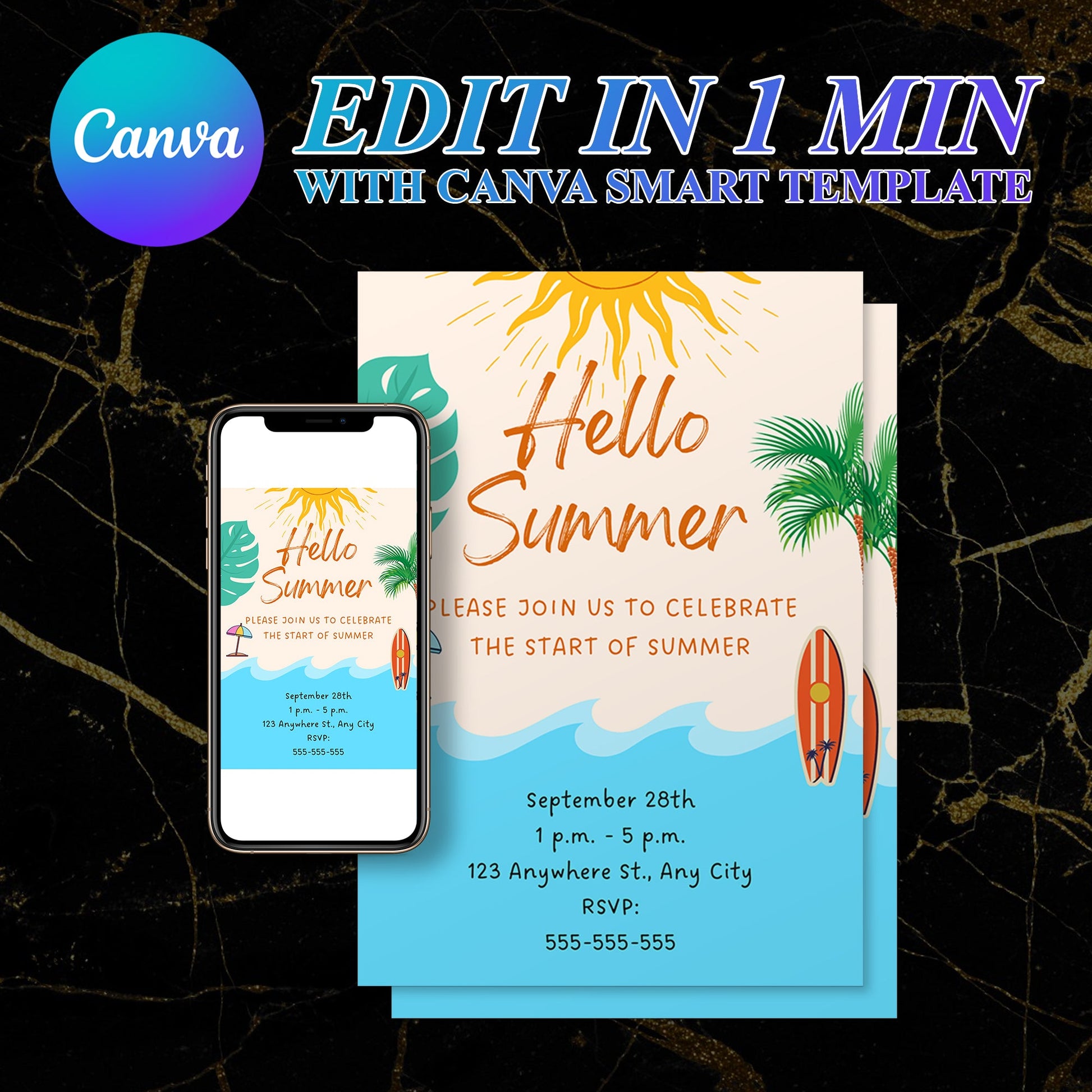 Hello Summer Party Invitation | Hello Summer Theme Invite Canva Template CreativeRino
