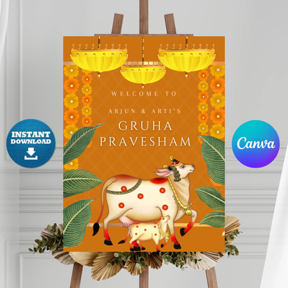 Gruhapravesham Welcome Sign Template | Indian Housewarming Welcome Sign CreativeRino