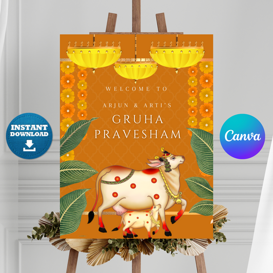 Gruhapravesham Welcome Sign Template | Indian Housewarming Welcome Sign