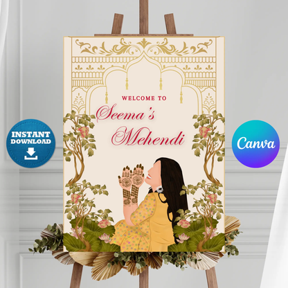 Mehndi Sign Template | Indian Wedding Welcome Sign CreativeRino