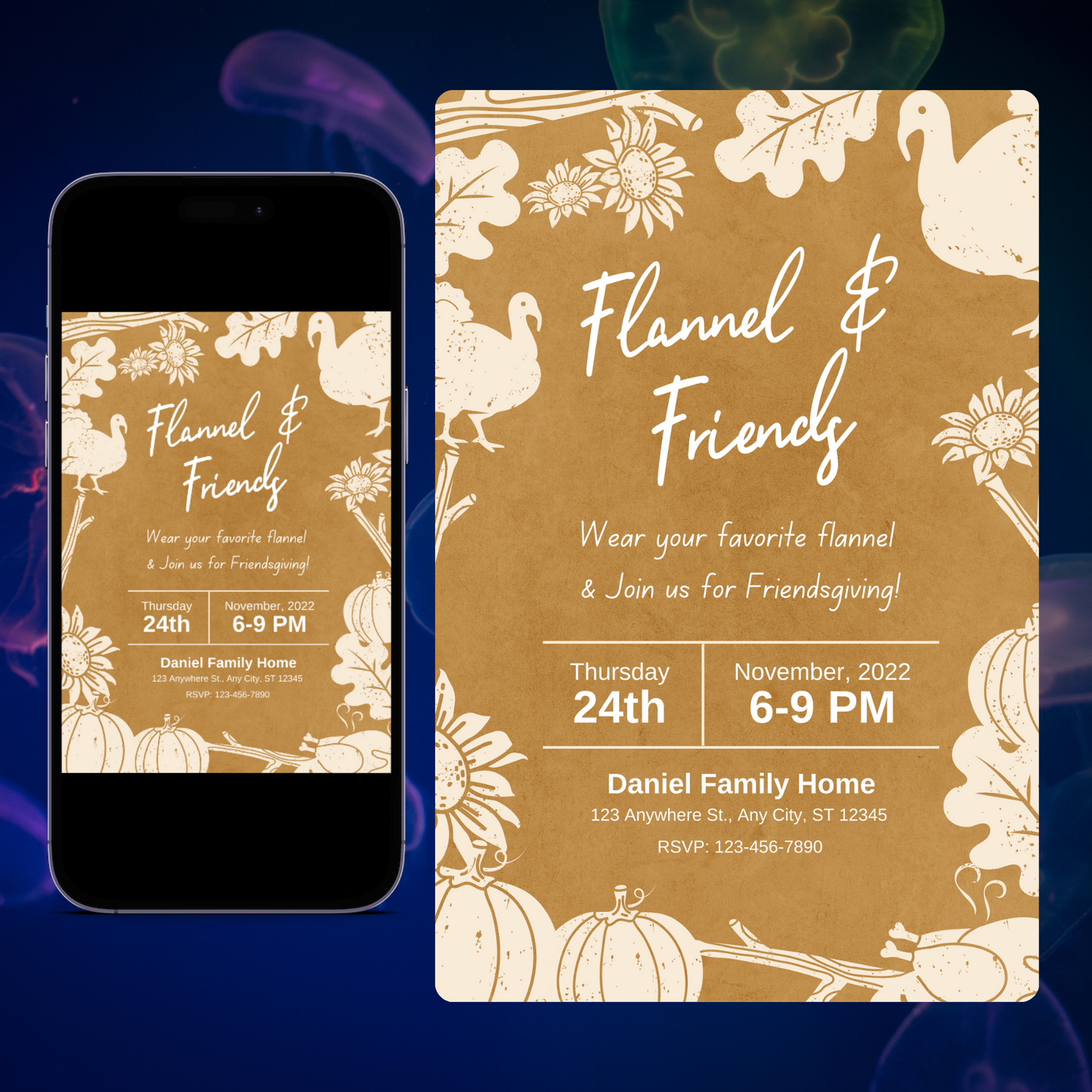 Flannel and Friends Friendsgiving Invitation Template | Flannel Thanksgiving Invite