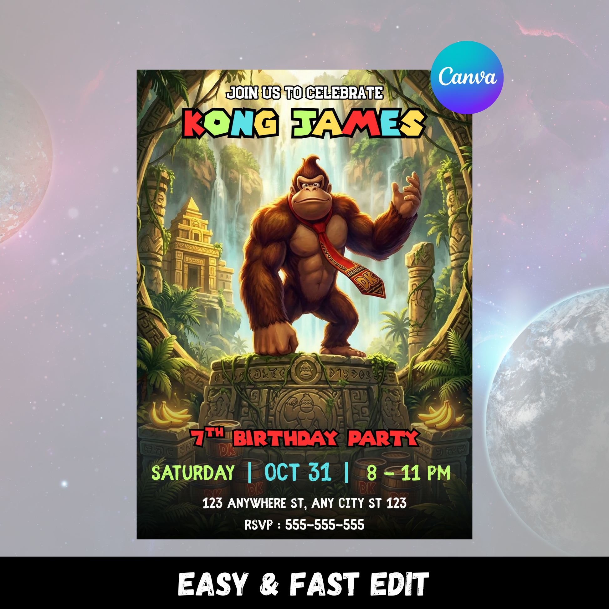 Donkey Kong Birthday Invite Canva Template | Jungle Adventure Kids Party Invitation CreativeRino