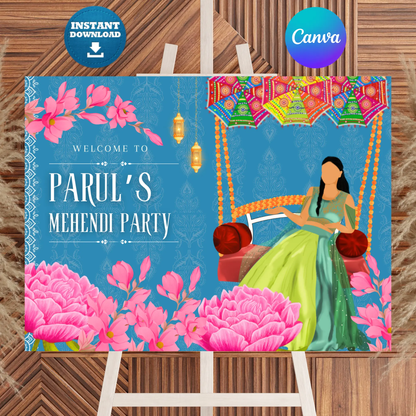 Mehndi Sign Template | Indian Wedding Welcome Sign CreativeRino