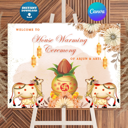Gruhapravesham Welcome Sign Template | Indian Housewarming Welcome Sign CreativeRino