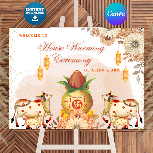 Gruhapravesham Welcome Sign Template | Indian Housewarming Welcome Sign