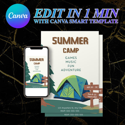 Camping Invite | Summer Camp Bachelorette Invitation Canva Template CreativeRino