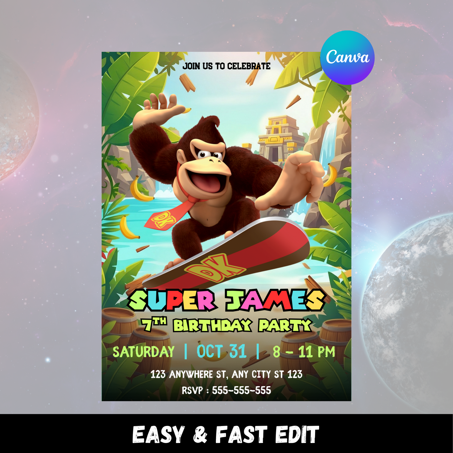 Donkey Kong Birthday Invitation Editable Canva Template | Jungle Theme Kids Party Invite CreativeRino