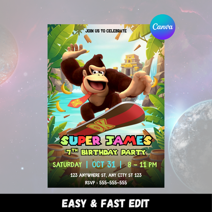Donkey Kong Birthday Invitation Editable Canva Template | Jungle Theme Kids Party Invite CreativeRino