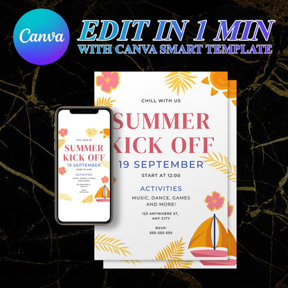 Summer Kick Off Party Invitation | End of Summer Party Invite Canva Template CreativeRino