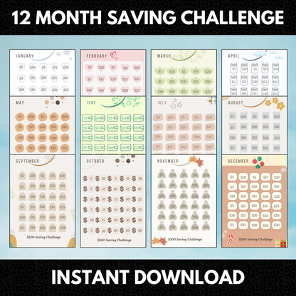 12 Month Saving Challenge Bundle | Dollar Saving Challenge | Saving Money Challenge CreativeRino