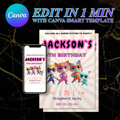 Superkitties Birthday Invitation Template - CreativeRino