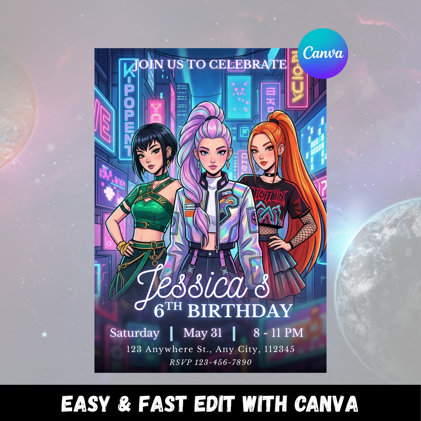 Demon Hunters Kpop Birthday Invitation Template – Editable File CreativeRino