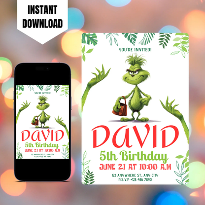 Baby Grinch Christmas Birthday Invitation Template CreativeRino