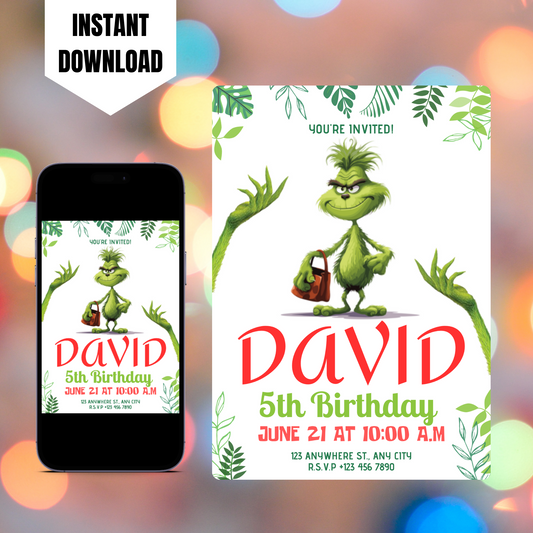 Baby Grinch Christmas Birthday Invitation Template