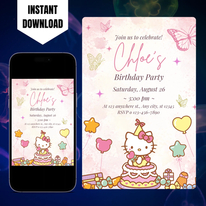 Kawaii Kitty Birthday Invitation Template CreativeRino