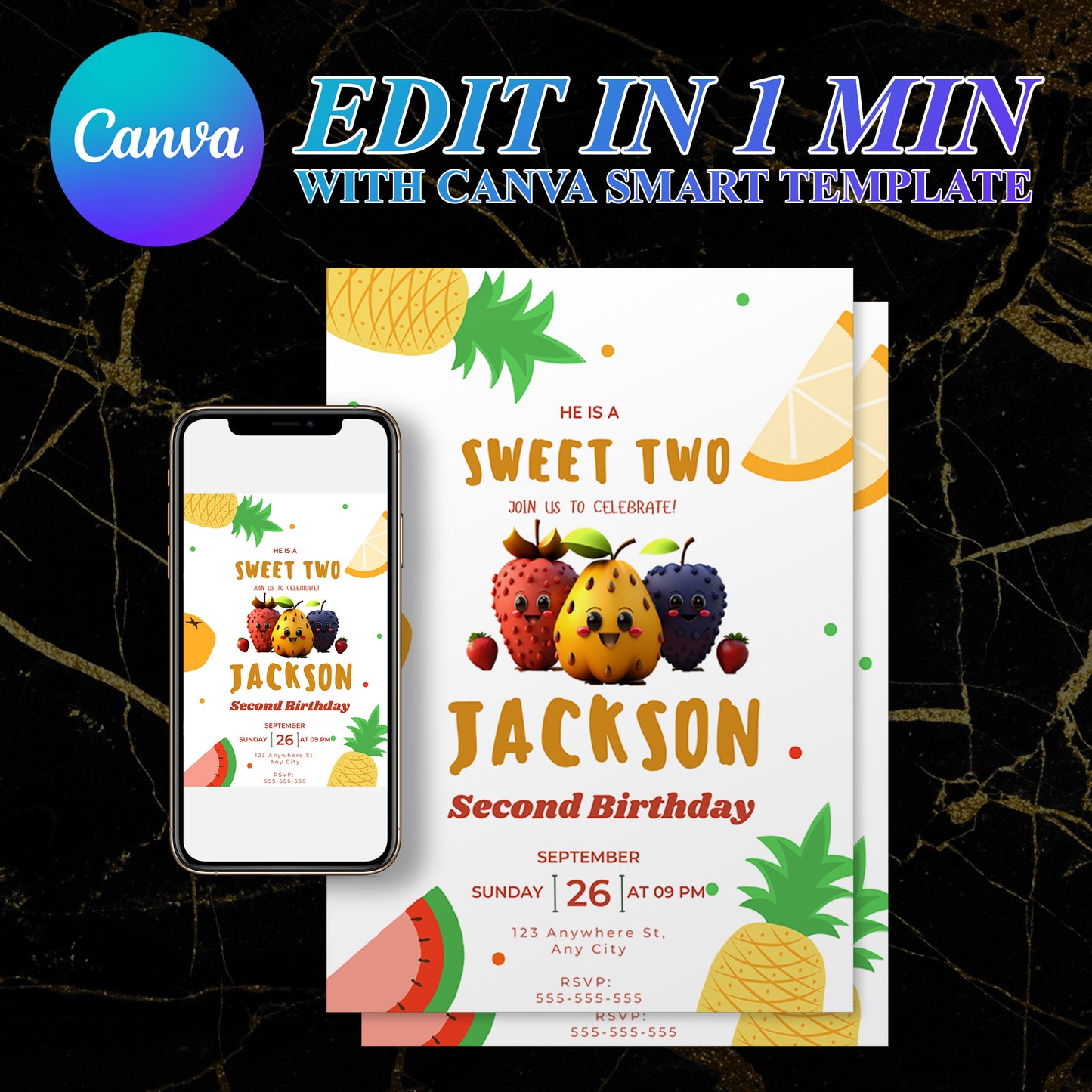 Hey Bear Dancing Fruit Birthday Invitation Template - CreativeRino