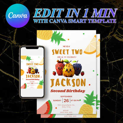 Hey Bear Dancing Fruit Birthday Invitation Template - CreativeRino